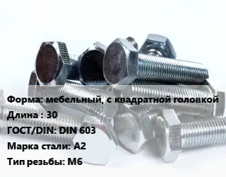 Болт мебельный, с квадратной головкойх30 DIN 603 Сталь: А2 М6